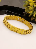 Gold Gucci Style Logo Stainless Steel Bracelet for Men with CZ Stones - Image 2