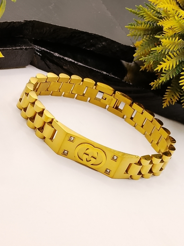Gold Gucci Style Logo Bracelet Gold Gucci Style Logo Stainless Steel Bracelet for Men with CZ Stones - Image 1