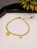 Gold Plated Layered Chain Bracelet with Heart & Crown Charms for Women