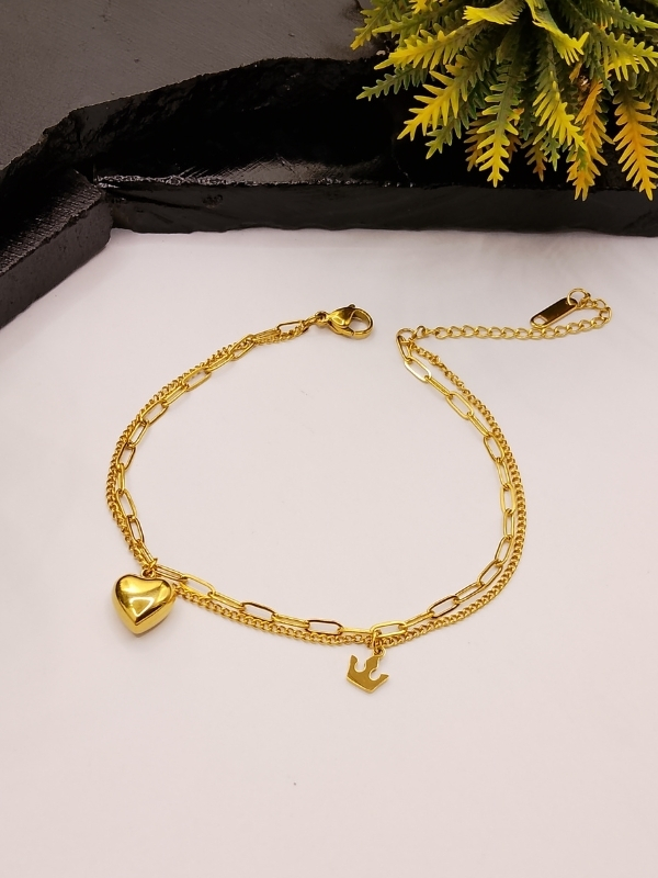 Gold Plated Layered Chain Bracelet Gold Plated Layered Chain Bracelet with Heart & Crown Charms for Women - Image 1