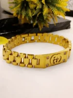 Gold Gucci Style Logo Stainless Steel Bracelet for Men with CZ Stones - Image 4