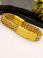 Luxury LV Gold Bracelet for Men - Heavy Cuban Chain with Logo Clasp - Image 4
