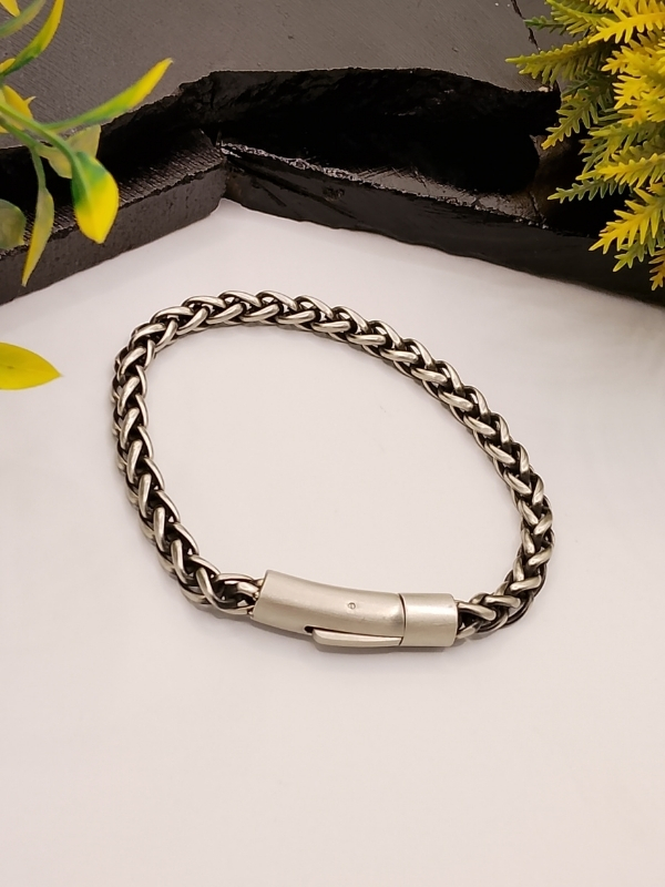 Matte Black Silver Braided Wheat Chain Bracelet Matte Black Silver Braided Wheat Chain Stainless Steel Bracelet for Men - Image 1