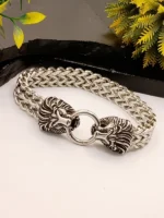 Luxury Double Lion Head Silver Bracelet for Men – Heavy Chain with Bold Ring Clasp