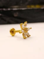 Gold 6 Petal Flower Nose Stud for Women – Marquise CZ Flower Shape Nose Piercing - Image 2