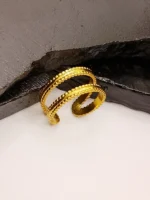 Gold Plated Double Row Beaded Open Cuff Ring for Women - Image 3