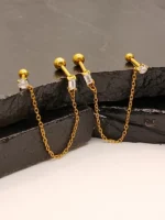Gold Double Stud Chain Earrings for Women – Baguette & Round CZ Connected Design - Image 3