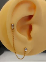 Gold Double Stud Chain Earrings for Women – Baguette & Round CZ Connected Design - Image 4