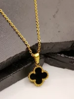 Gold Plated Black Four Leaf Clover Pendant Necklace for Women - Image 3