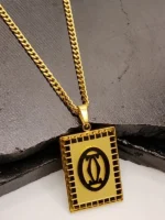 Gold Square Logo Pendant with Stylish Cuban Chain Necklace for Men - Image 3