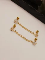 Gold Crystal Flower Chain Earring – Minimal Double Piercing Link - Image 2