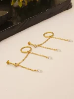 Gold Hoop Chain Earring – Teardrop Double Piercing Dangle - Image 2