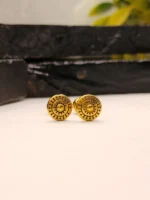 Gold Sun Pattern Stud Earrings – Unisex Circular Geometric Design - Image 4
