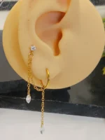 Gold Hoop Chain Earring – Teardrop Double Piercing Dangle - Image 5
