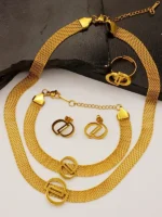 Gold Interlocking D Logo Pendant Necklace, Bracelet & Earrings Mesh Jewelry Set - Image 2