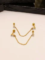 Gold Double Stud Chain Earrings for Women – Baguette & Round CZ Connected Design - Image 2