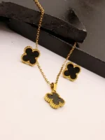 Gold Black Stone Four Leaf Clover Earrings & Necklace Set for Women