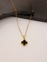Gold Black Stone Four Leaf Clover Earrings & Necklace Set for Women - Image 3