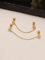 Gold Crystal Flower Chain Earring – Delicate Double Piercing Connector