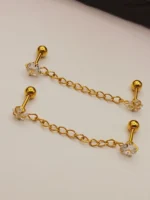 Gold Crystal Flower Chain Earring – Minimal Double Piercing Link