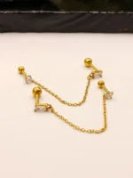 Gold Double Stud Chain Earrings for Women – Baguette & Round CZ Connected Design