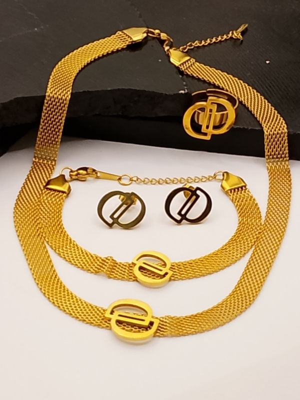 Gold Letter D Monogram Jewelry Set Gold Interlocking D Logo Pendant Necklace, Bracelet & Earrings Mesh Jewelry Set - Image 1