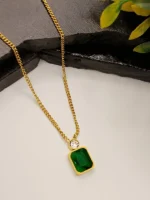 Gold Plated Emerald Green Square Pendant Necklace for Women - Image 2