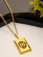 Gold Square Logo Pendant with Stylish Cuban Chain Necklace for Men