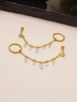 Gold Teardrop Chain Hoop Earring – Sparkling Double Piercing Dangle - Image 2