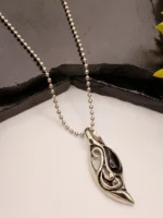 Silver Black Stone Pendant Necklace for Men – Stylish Leaf Shape with Swirl Design on Ball Chain - Image 2