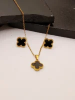 Gold Black Stone Four Leaf Clover Earrings & Necklace Set for Women - Image 2