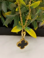 Gold Plated Black Four Leaf Clover Pendant Necklace for Women - Image 4