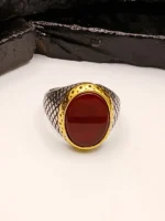 Turkish Men's Two-Tone Silver & Gold Red Carnelian Stone Ring - Image 2