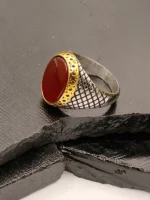 Turkish Men's Two-Tone Silver & Gold Red Carnelian Stone Ring - Image 4