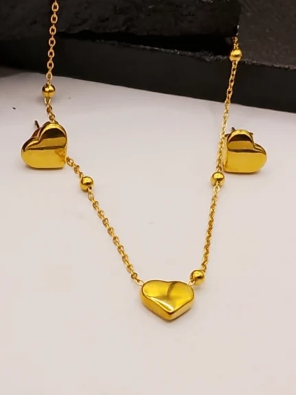 Gold Heart Pendant Necklace with Beads & Matching Heart Stud Earrings Set for Women