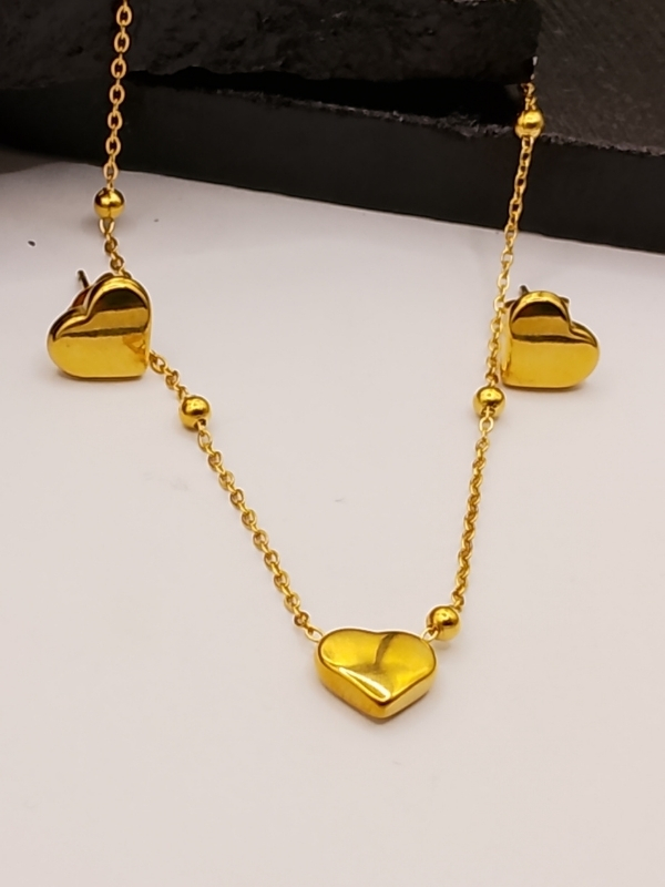 Romantic Gold Heart Jewelry Women Gold Heart Pendant Necklace with Beads & Matching Heart Stud Earrings Set for Women - Image 1