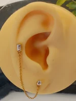 Gold Double Stud Chain Earrings for Women – Baguette & Round CZ Connected Design - Image 5