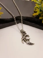Silver Ninja Star Crescent Pendant Necklace for Men – Bold Mythical Design with Textured Details on Rolo Chain