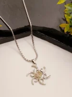 Silver Sun Pendant Necklace for Men – Stylish Sunburst Design with Golden CZ Stones on Box Chain