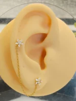 Gold Crystal Flower Chain Earring – Delicate Double Piercing Connector - Image 5