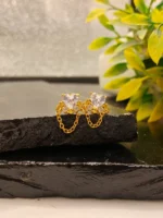 Gold Heart CZ Drop Stud Earrings for Women – Dangling Chain with Sparkling Heart Stone - Image 3