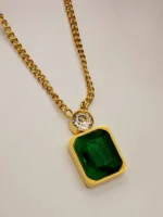 Gold Plated Emerald Green Square Pendant Necklace for Women - Image 3