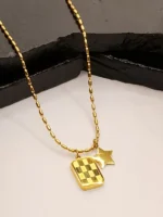 Stylish Square Mosaic Pendant with Star Charm on Bead Chain - Image 3
