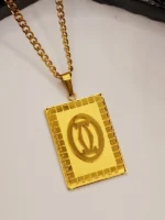 Gold Square Logo Pendant with Stylish Cuban Chain Necklace for Men - Image 4