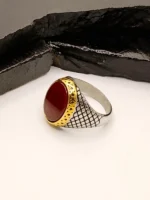 Turkish Men's Two-Tone Silver & Gold Red Carnelian Stone Ring