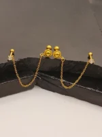 Gold Dome Chain Earring – Textured Double Piercing Connector - Image 4