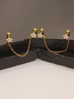 Gold Crystal Flower Chain Earring – Delicate Double Piercing Connector - Image 3
